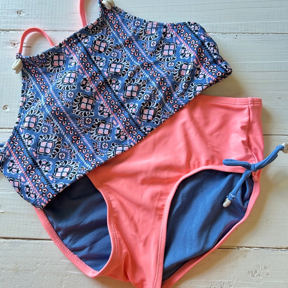 Justice Girls Size 12 High Neck Bikini Set Blue Pink Geometric Medallion Print